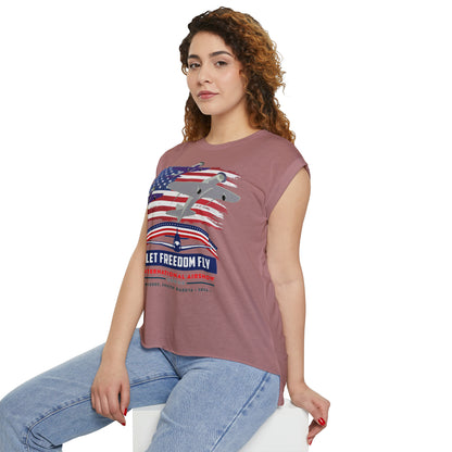 Let Freedom Fly International Airshow Women’s Flowy Rolled Cuffs Muscle Tee