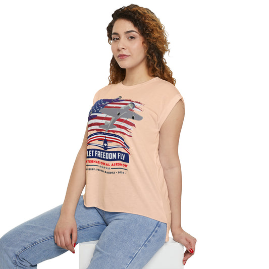 Let Freedom Fly International Airshow Women’s Flowy Rolled Cuffs Muscle Tee