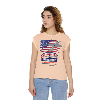 Let Freedom Fly International Airshow Women’s Flowy Rolled Cuffs Muscle Tee