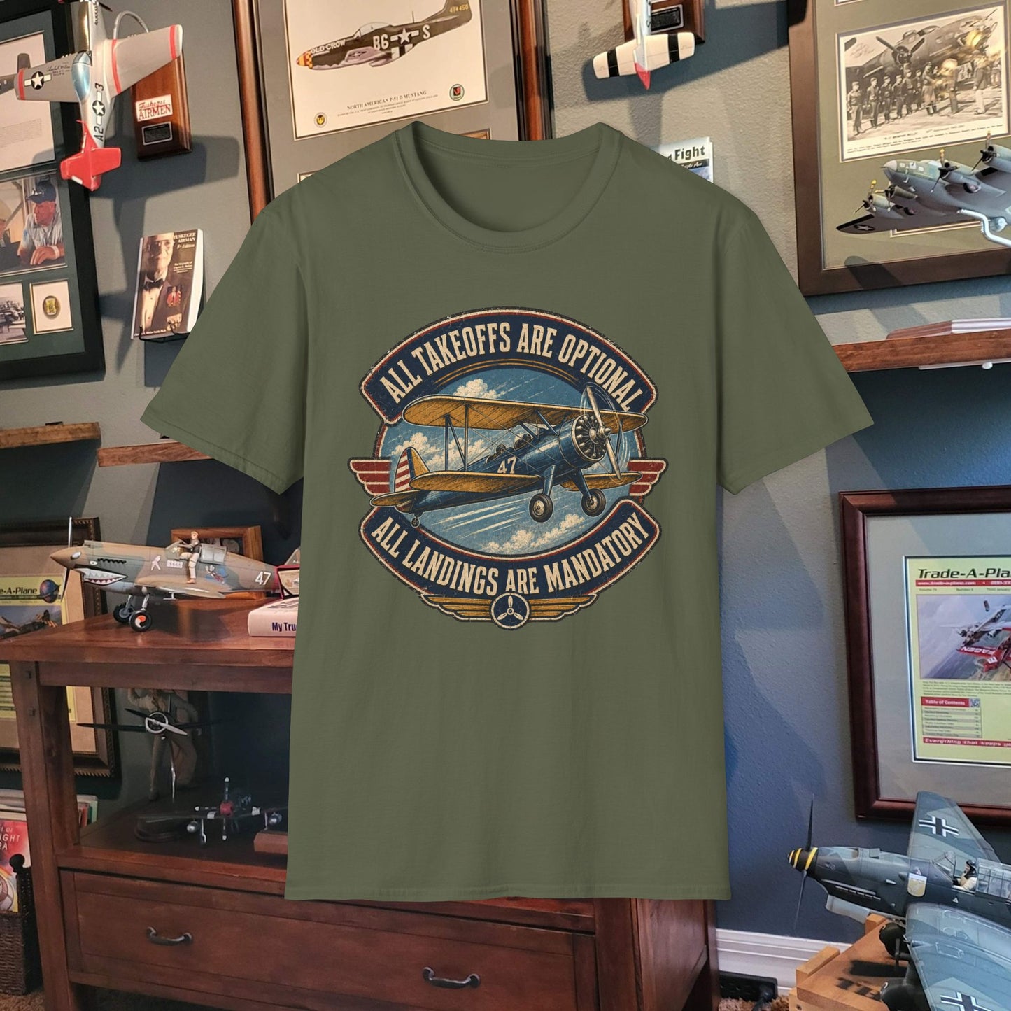 Aviation Graphic Tee — "All Takeoffs Are Optional, All Landings Are Mandatory"