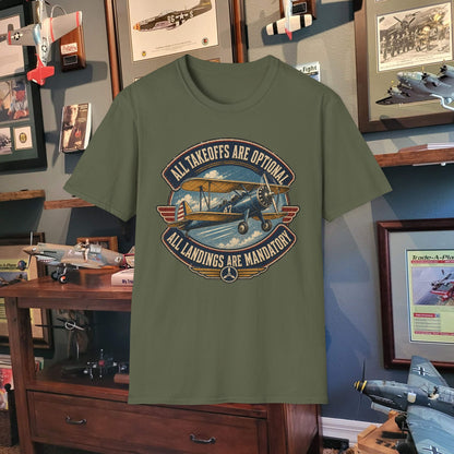 Aviation Graphic Tee — "All Takeoffs Are Optional, All Landings Are Mandatory"