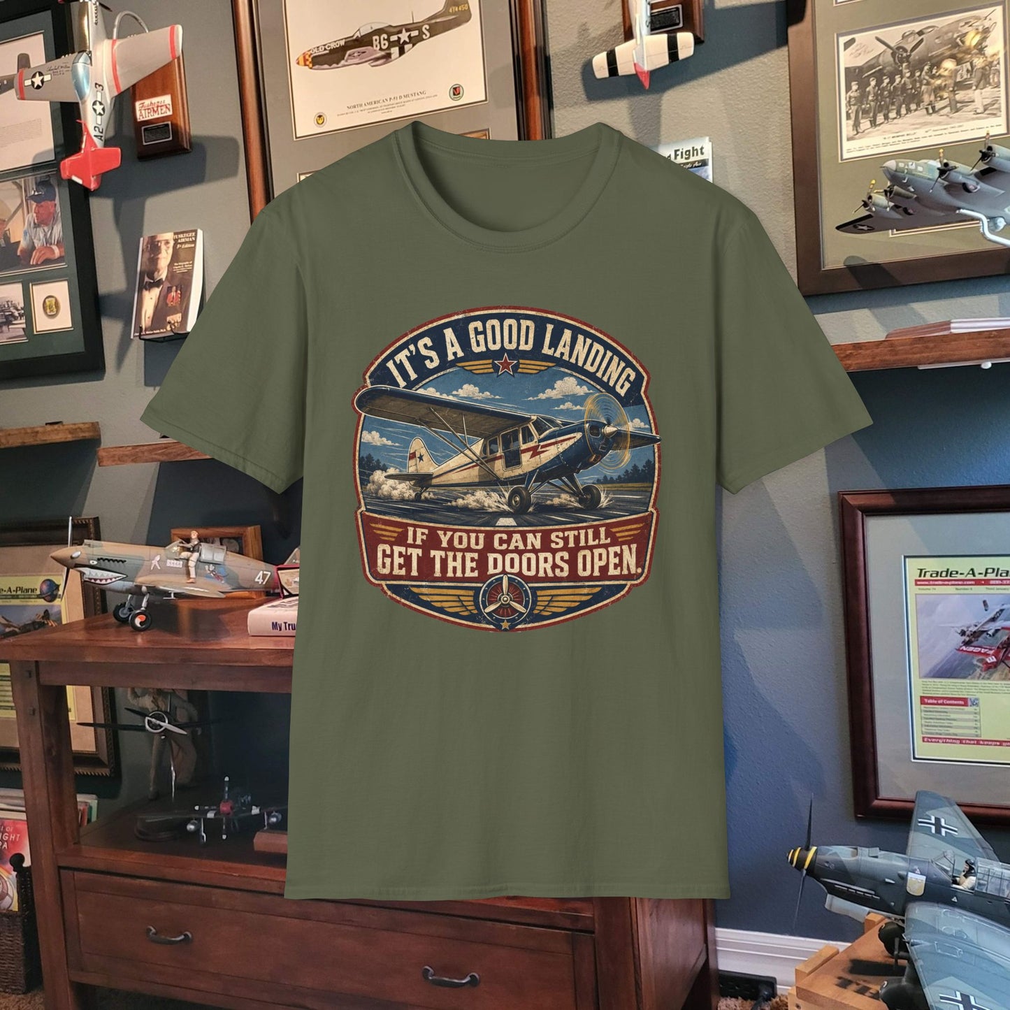 Aviation T-Shirt — “It’s a Good Landing” Vintage Airplane Pilot Tee