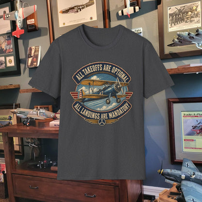 Aviation Graphic Tee — "All Takeoffs Are Optional, All Landings Are Mandatory"