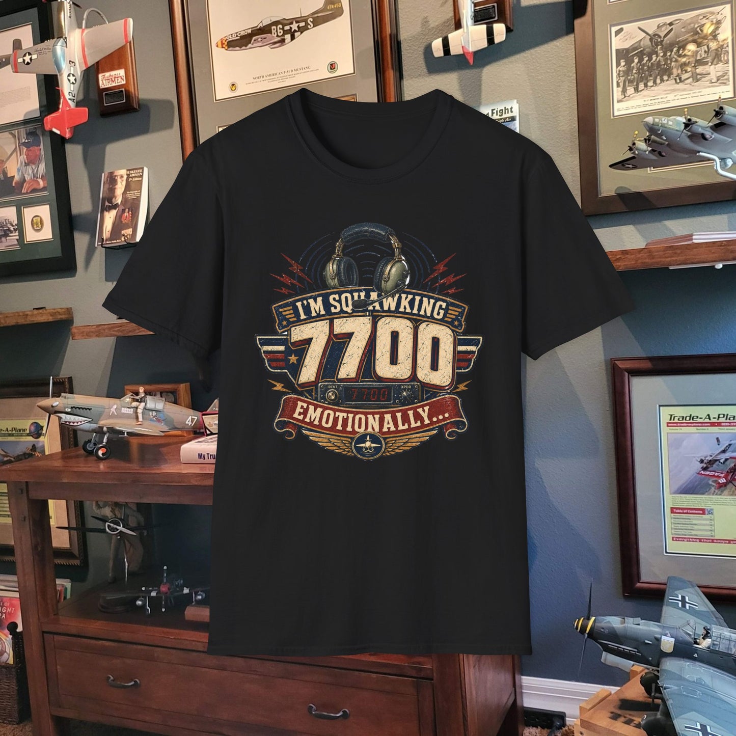 T‑Shirt — “I’m Squawking 7700 Emotionally” Retro Pilot/AvGeek Graphic Tee