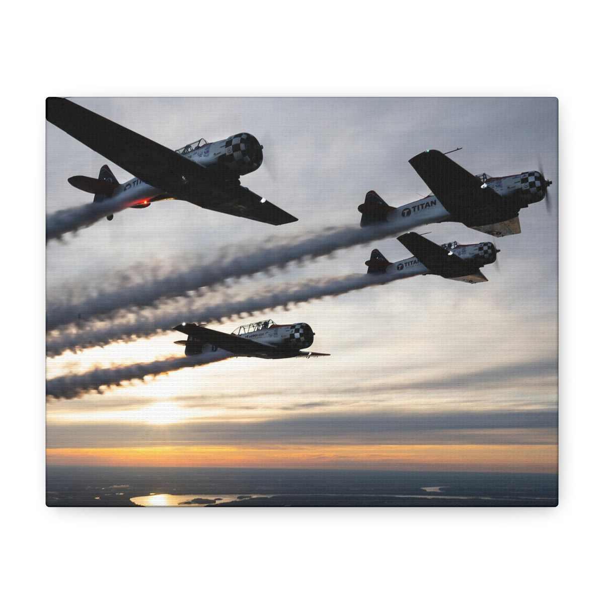 TIAN Team at Sunset Canvas Print — Tight Formation Planes Stretched Matte