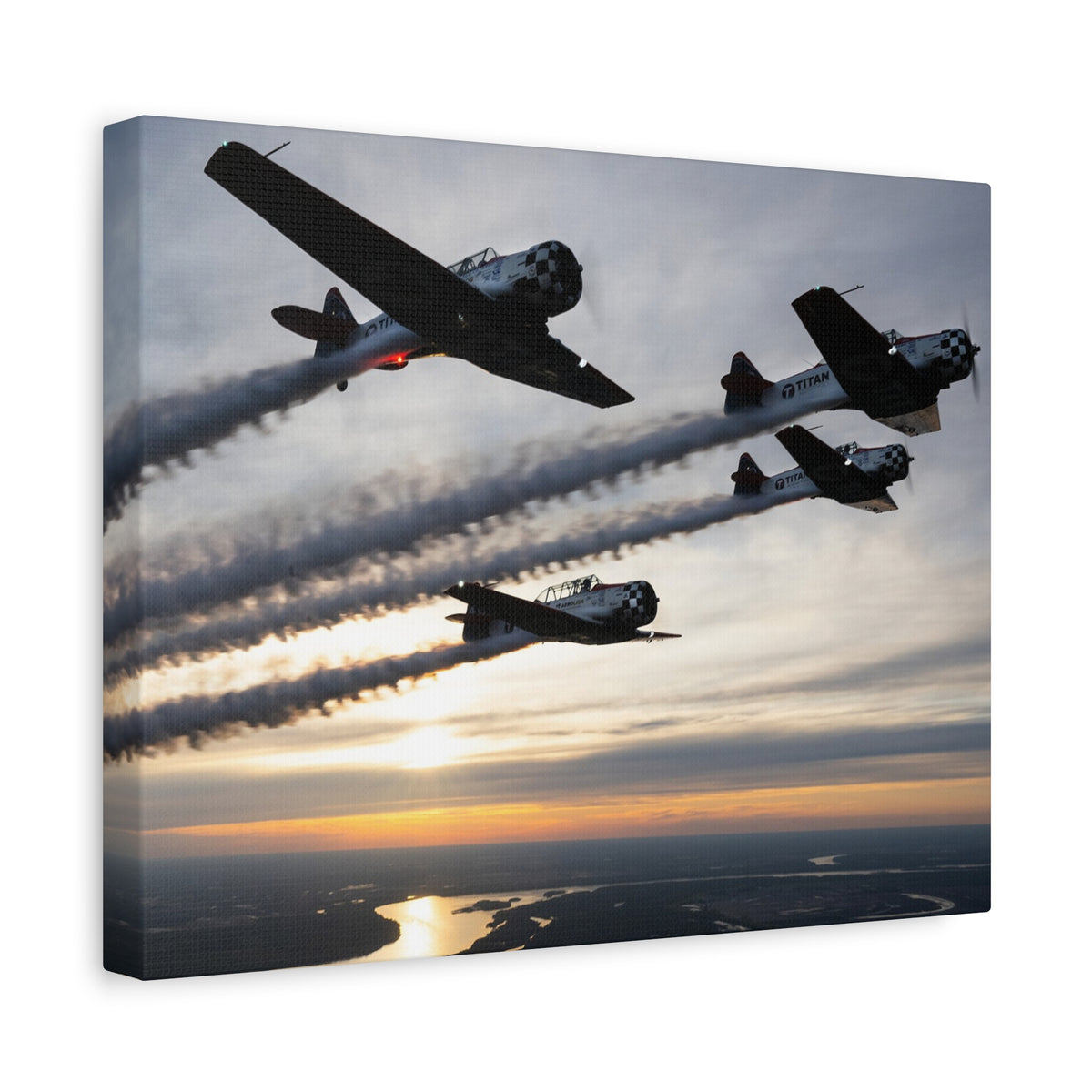 TIAN Team at Sunset Canvas Print — Tight Formation Planes Stretched Matte