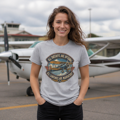 Aviation Graphic Tee — "All Takeoffs Are Optional, All Landings Are Mandatory"