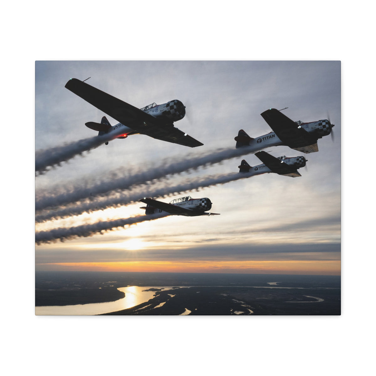 TIAN Team at Sunset Canvas Print — Tight Formation Planes Stretched Matte