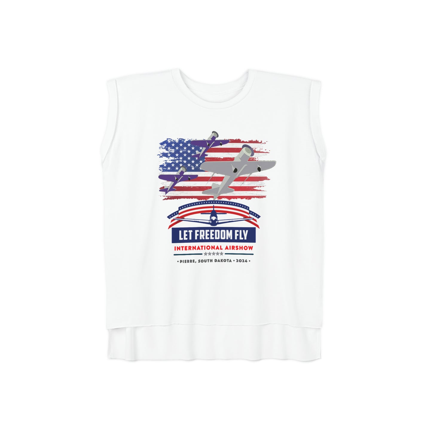 Let Freedom Fly International Airshow Women’s Flowy Rolled Cuffs Muscle Tee