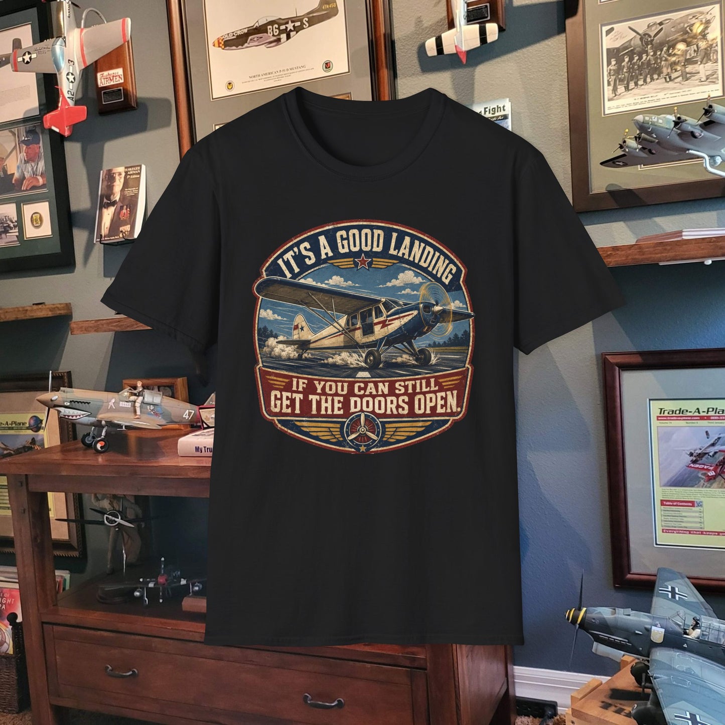Aviation T-Shirt — “It’s a Good Landing” Vintage Airplane Pilot Tee