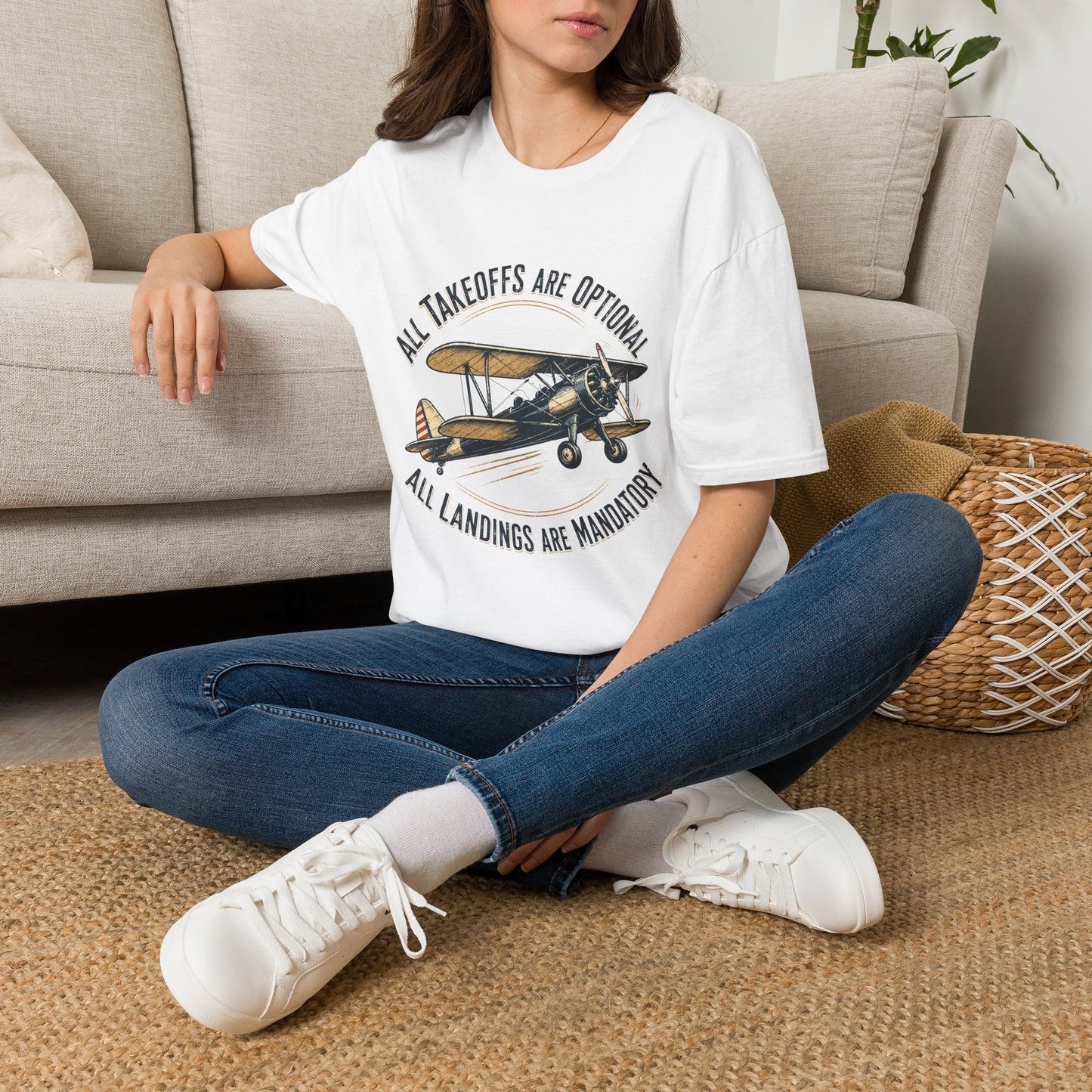 Aviator Vintage Biplane T-Shirt — "All Takeoffs Are Optional, All Landings Are Mandatory"