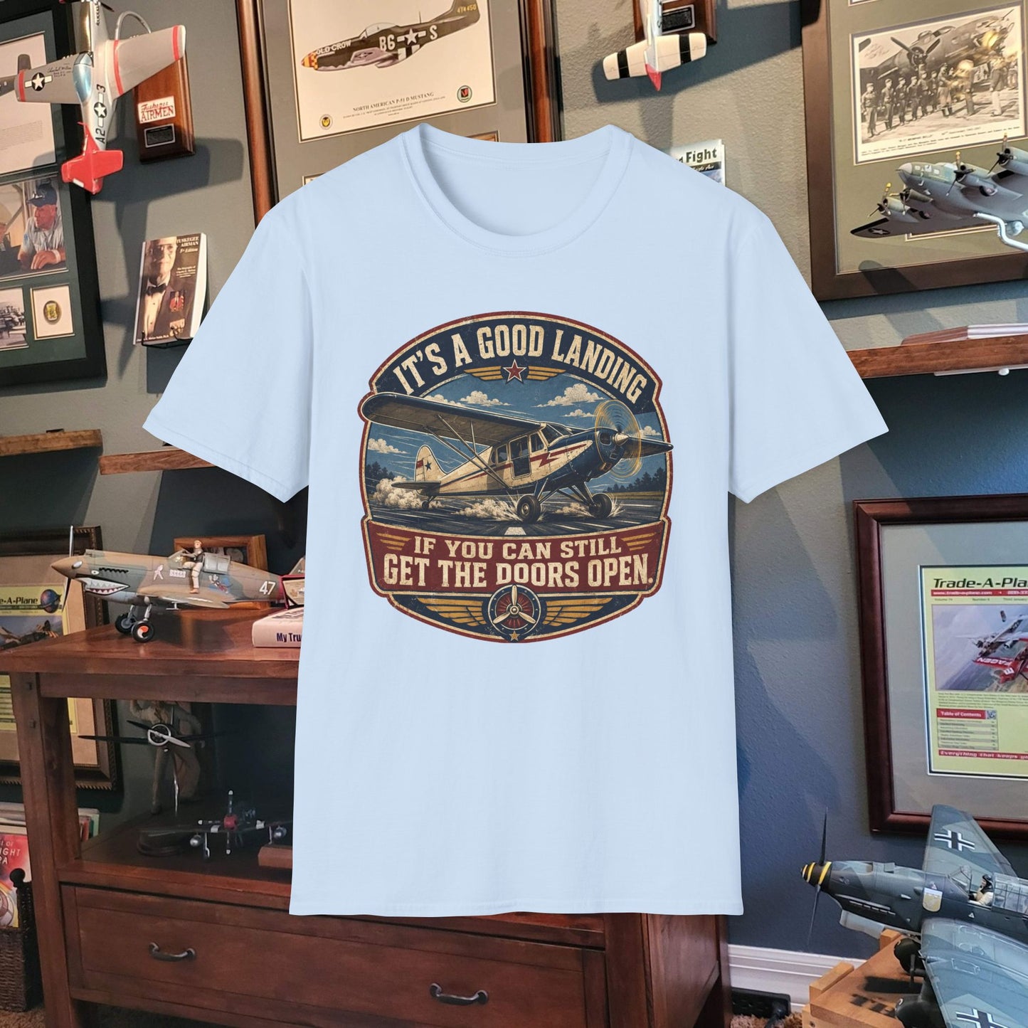 Aviation T-Shirt — “It’s a Good Landing” Vintage Airplane Pilot Tee
