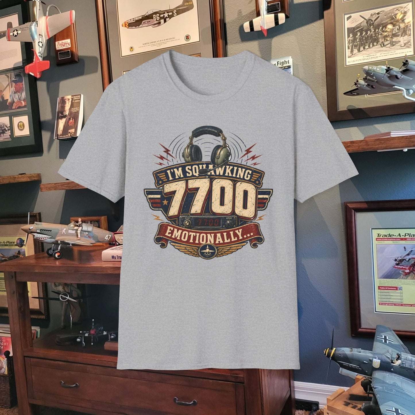 T‑Shirt — “I’m Squawking 7700 Emotionally” Retro Pilot/AvGeek Graphic Tee