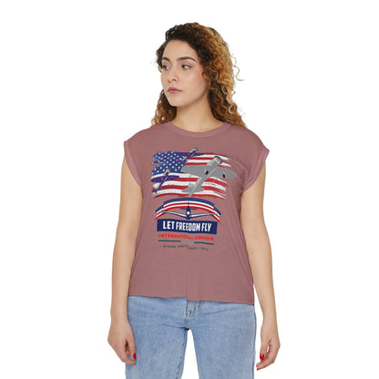 Let Freedom Fly International Airshow Women’s Flowy Rolled Cuffs Muscle Tee