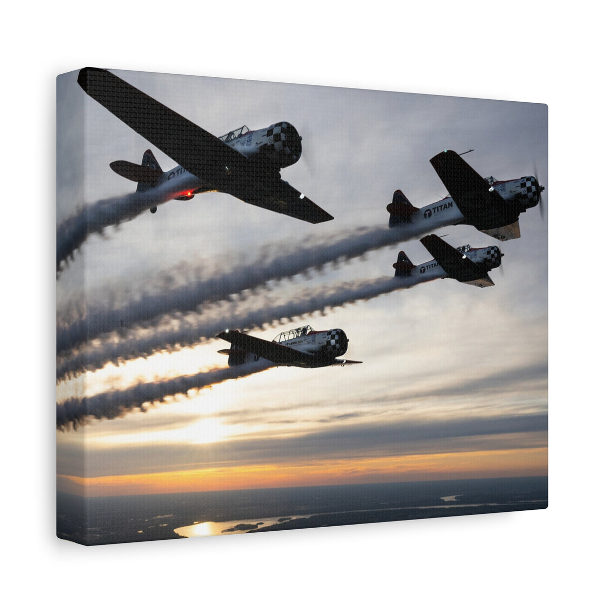TIAN Team at Sunset Canvas Print — Tight Formation Planes Stretched Matte