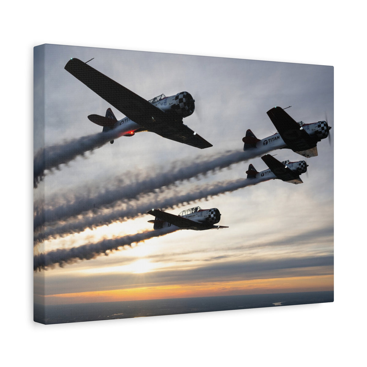 TIAN Team at Sunset Canvas Print — Tight Formation Planes Stretched Matte