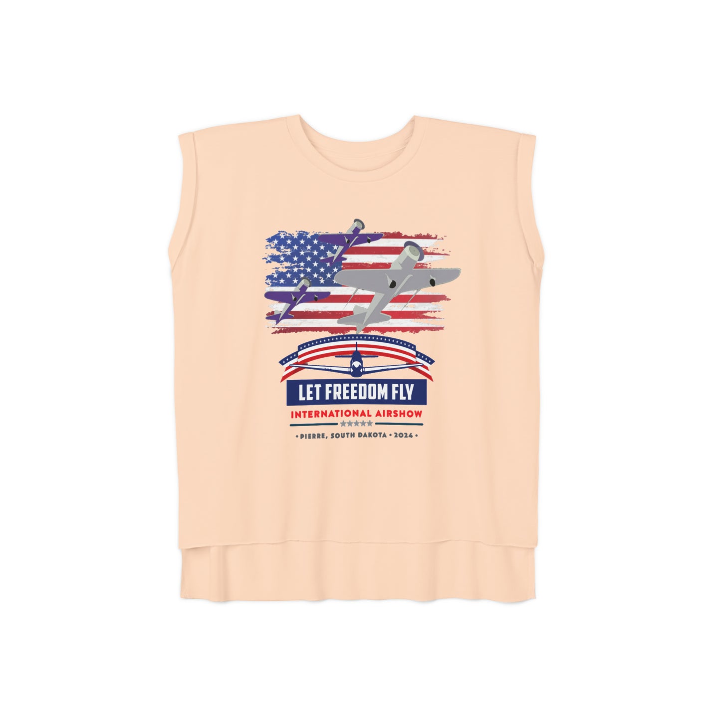 Let Freedom Fly International Airshow Women’s Flowy Rolled Cuffs Muscle Tee