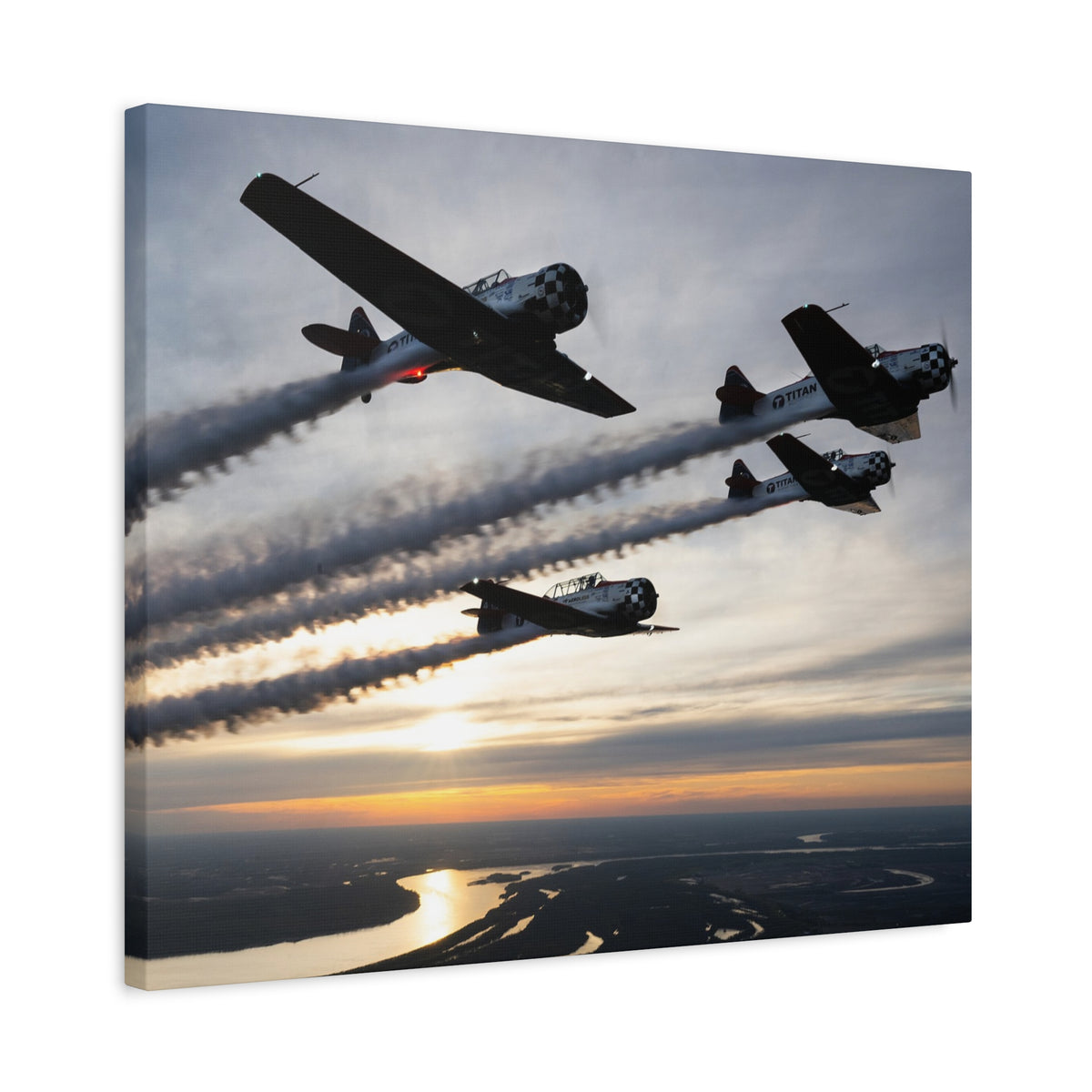 TIAN Team at Sunset Canvas Print — Tight Formation Planes Stretched Matte