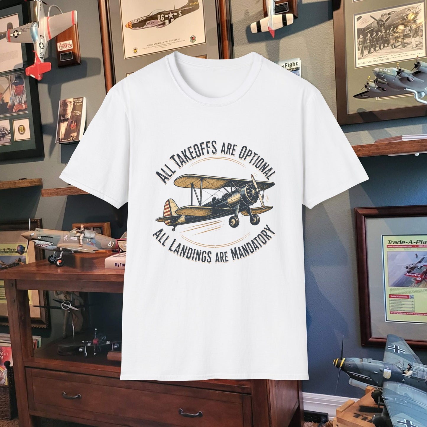 Aviator Vintage Biplane T-Shirt — "All Takeoffs Are Optional, All Landings Are Mandatory"
