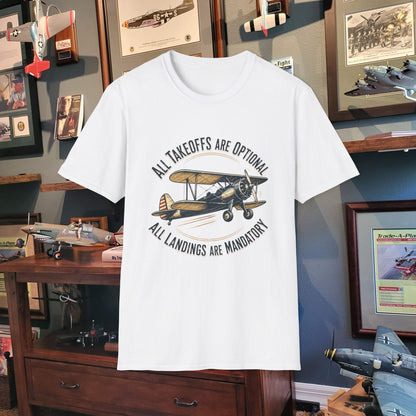 Aviator Vintage Biplane T-Shirt — "All Takeoffs Are Optional, All Landings Are Mandatory"