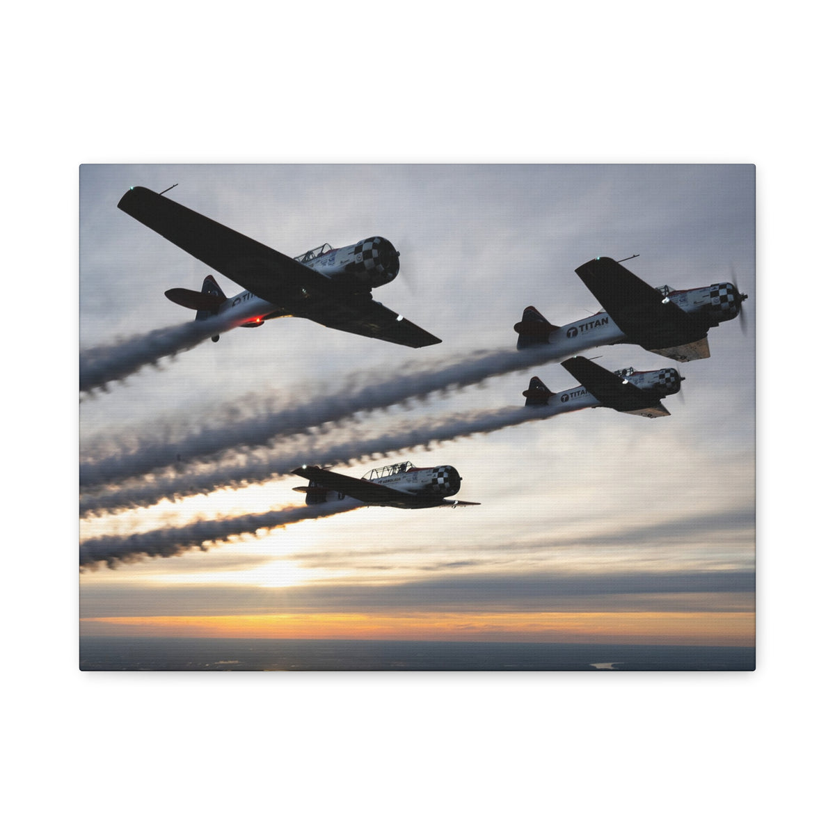 TIAN Team at Sunset Canvas Print — Tight Formation Planes Stretched Matte