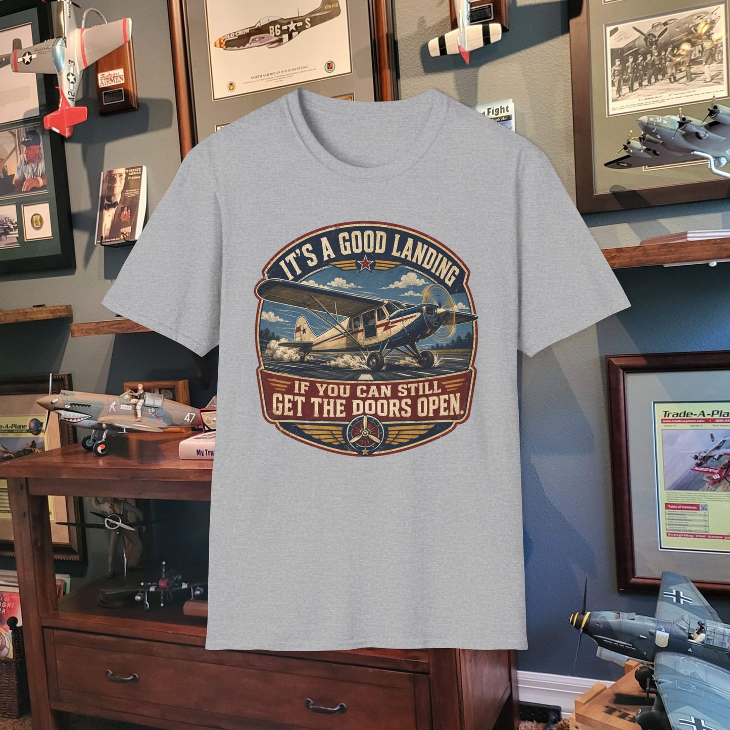 Aviation T-Shirt — “It’s a Good Landing” Vintage Airplane Pilot Tee