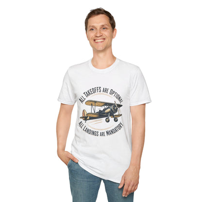 Aviator Vintage Biplane T-Shirt — "All Takeoffs Are Optional, All Landings Are Mandatory"