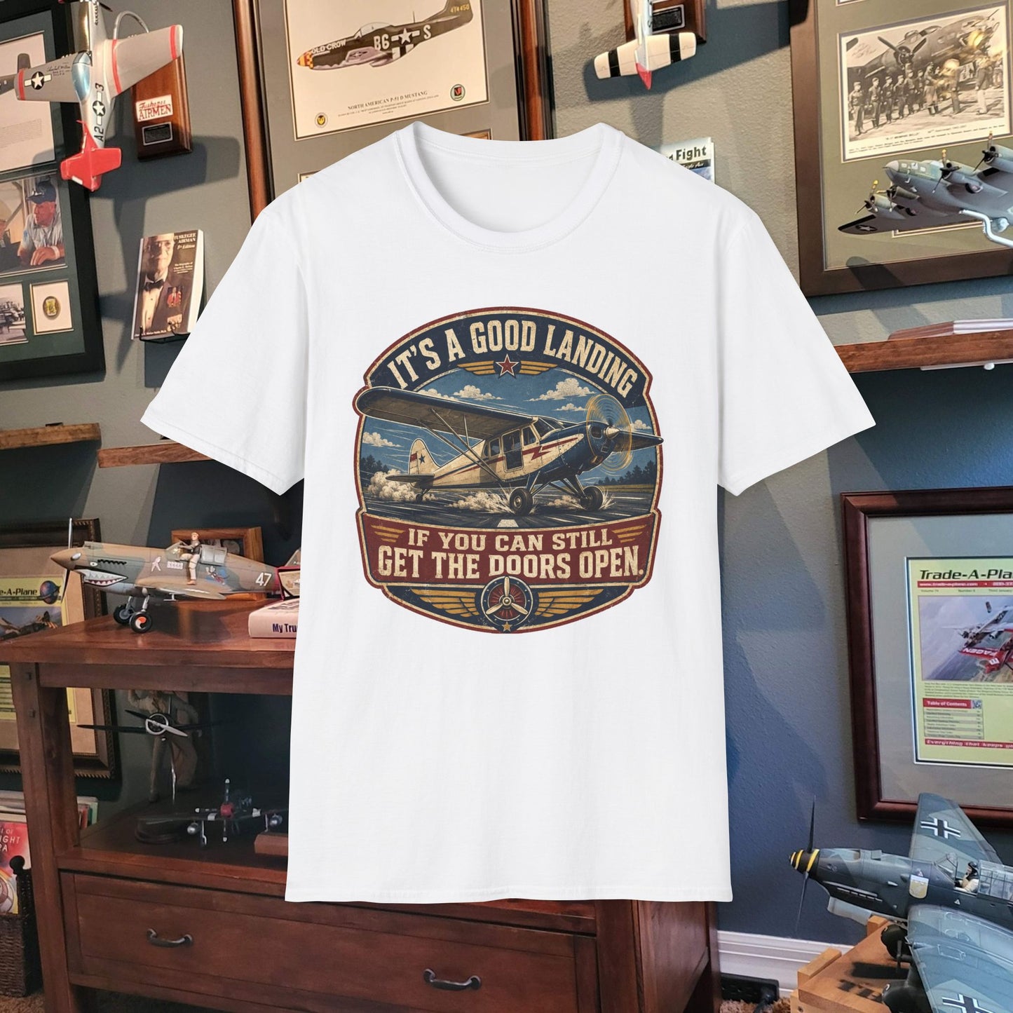 Aviation T-Shirt — “It’s a Good Landing” Vintage Airplane Pilot Tee