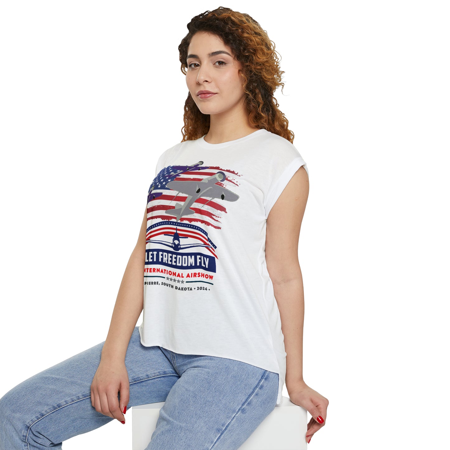 Let Freedom Fly International Airshow Women’s Flowy Rolled Cuffs Muscle Tee